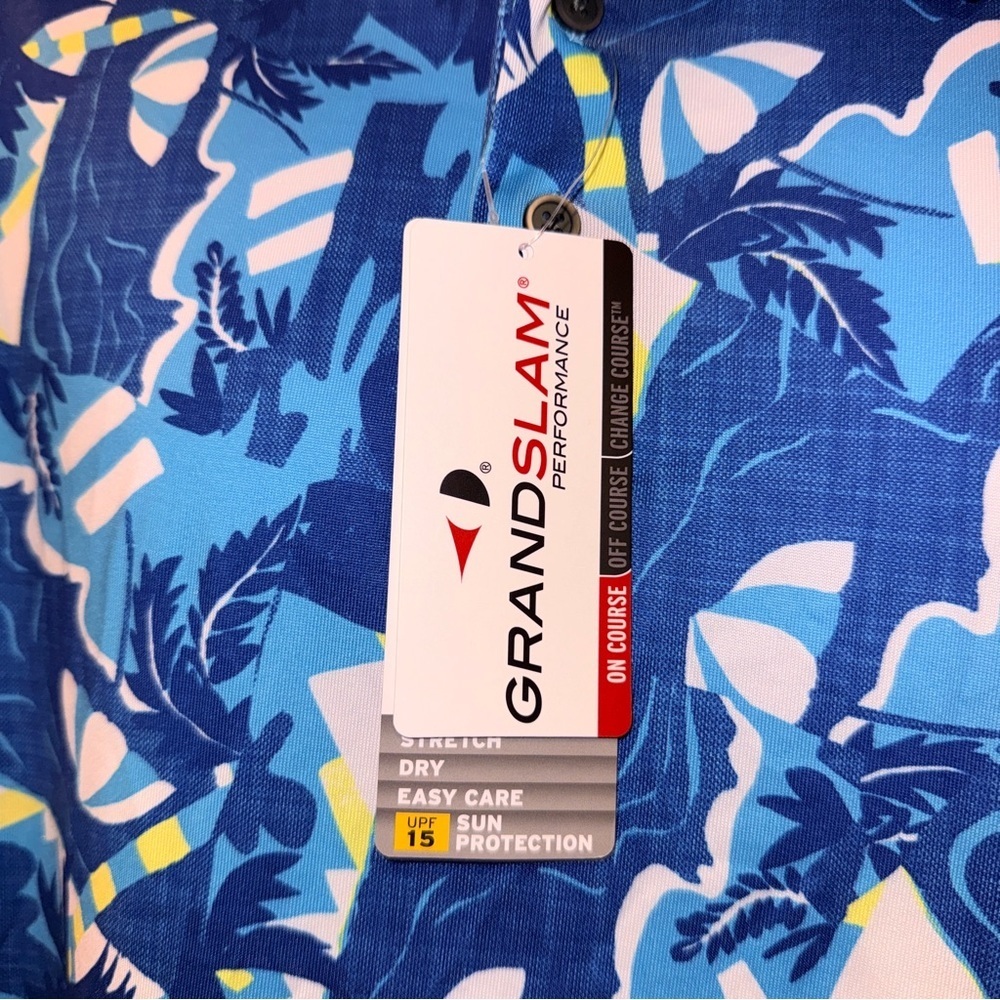 Grand Slam Performance Polo Shirt XL Blue Tropical Print Stretch Golf NWT - Picture 7 of 10